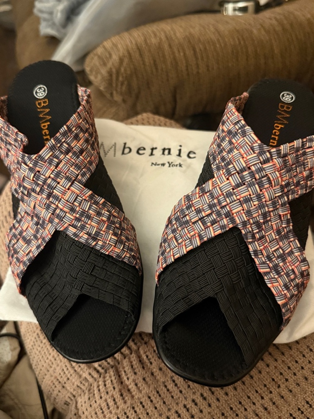 bernie mev. Black Woven Slide Mules with Orange and Blue Cross Straps